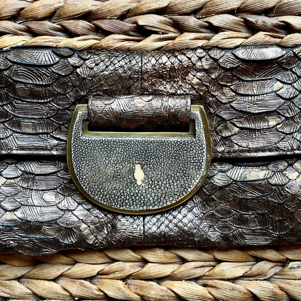 R&Y Augousti Metallic Bronze Snakeskin Clutch w Shagreen/Brass Details